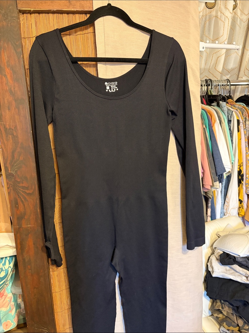 Long-Sleeve Black Ribbed Scoop-Neck Jumpsuit